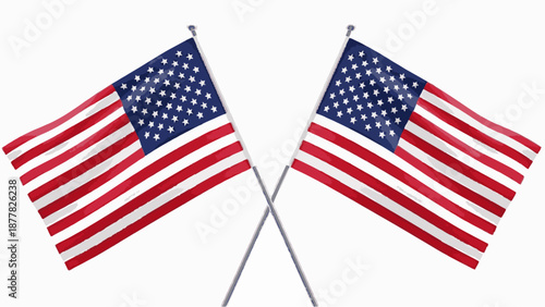 Two crossed American flags waving on metal poles against a plain white background with red, white, and blue colors.
