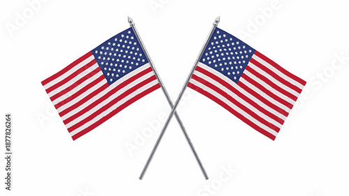 Two crossed American flags on silver poles against a white background with red, white, and blue colors.