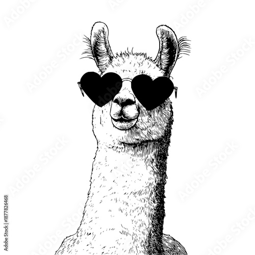 Llama portrait with heart shaped sunglasses in black and white ink drawing style detailed illustration