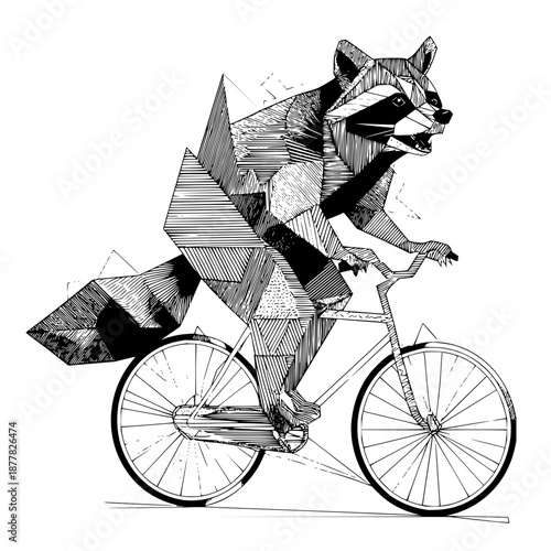 Geometric raccoon riding a bicycle with intricate line work and polygonal shapes in black and white art