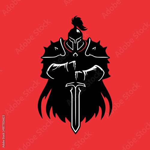 Medieval Knight in Heavy Armor Holding Greatsword Silhouette Isolated on red Background