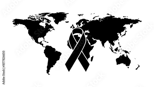 Global solidarity symbol featuring a black awareness ribbon prominently over a world map silhouette, representing universal health consciousness, remembrance and support