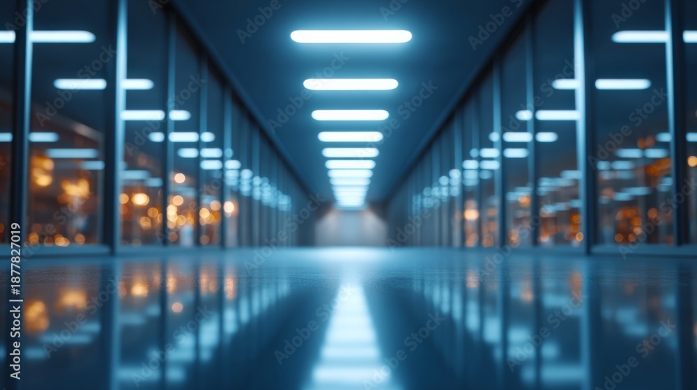 Fototapeta premium Interior view of a data center corridor with reflections, highlighting the futuristic technology