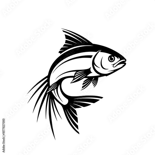 Monochrome vector illustration of a fish in motion, dynamic pose with radiating fin details, minimalist style, white background.