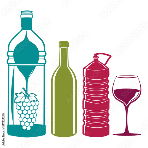 Assortment of wine bottles and glass