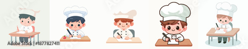 A Cute Boy Chef Writing at a Desk Vector Illustration