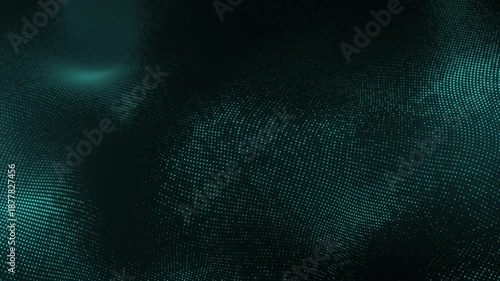 Abstract flowing dot wave in teal colors, digital particle surface with smooth motion and depth, futuristic technology background for data and AI visuals. Seamless looping 4K video.