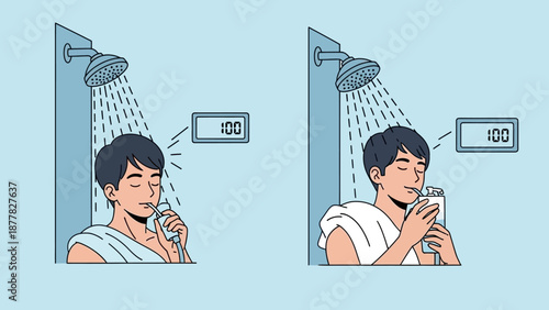 Man Brushing Teeth in Shower vs. Using Toothpaste Tube