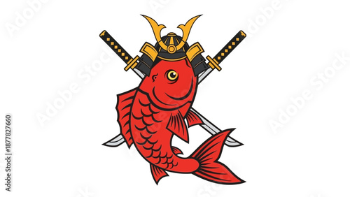 Red Koi Fish With Samurai Helmet and Crossed Swords on White Background
