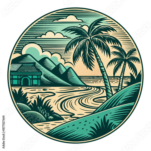 Tropical sunset over a beachside hut