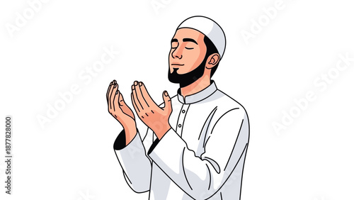 Illustration of a Muslim man praying in traditional attire