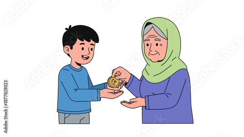 Young boy giving a coin to an elderly woman in a headscarf