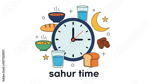 Sahur Time Illustration with Clock and Traditional Food Elements