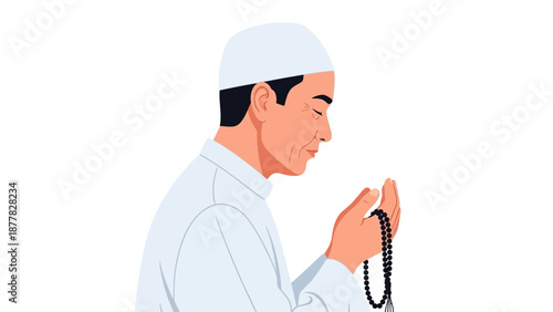Man in traditional attire praying with rosary beads on white background