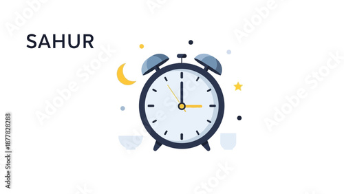 Alarm clock illustration with crescent moon and stars for Sahur concept