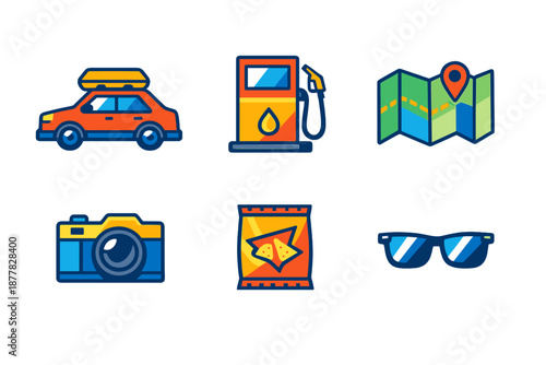 Travel icons: car, gas station, map, camera, chips, sunglasses