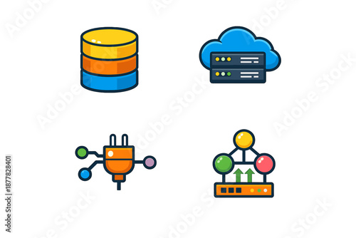 Technology icons: database, cloud computing, connector, network