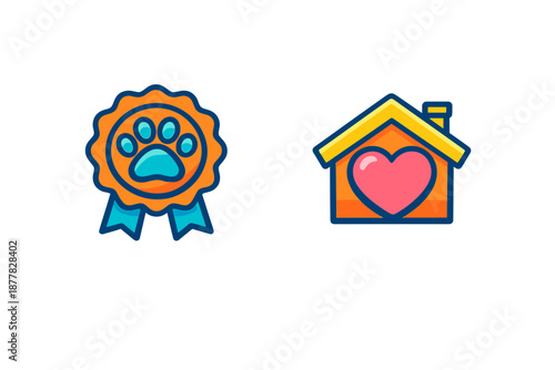 Pet adoption and care icons: paw print award and heart house