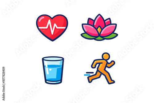 Healthy Lifestyle Icons: Heart, Lotus, Water, Runner
