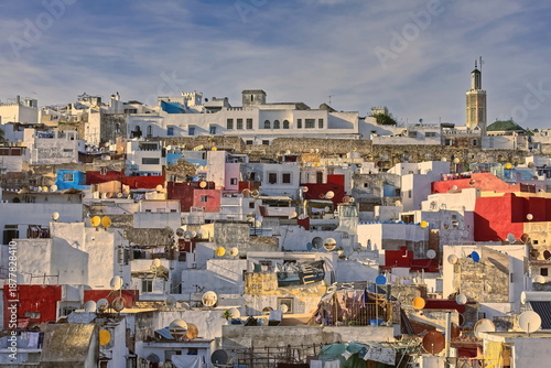 Swarm of satellite dishes on the medina rooftops south of the Kasbah Palace and Mosque, its octagonal minaret at right background. Tangier-Morocco-010