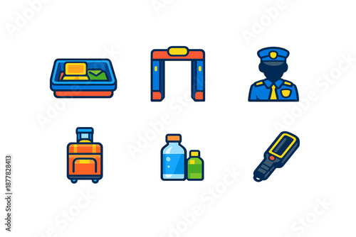Airport security icons: luggage, scanner, officer, tray, bottles