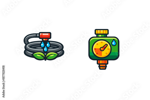 Gardening icons: hose with water and timer