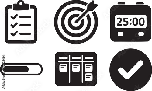 Black and white of checklist target timer progress board and checkmark clipboard task to-do