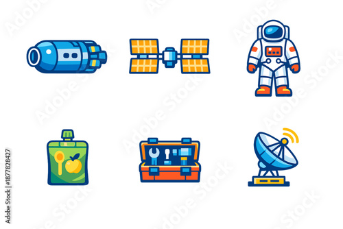 Space icons: astronaut, satellite, capsule, toolbox, food pouch, dish