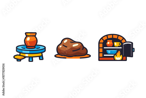 Pottery icons: wheel, clay, kiln