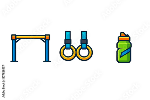 Gym equipment icons: pull-up bar, gymnastic rings, and water bottle