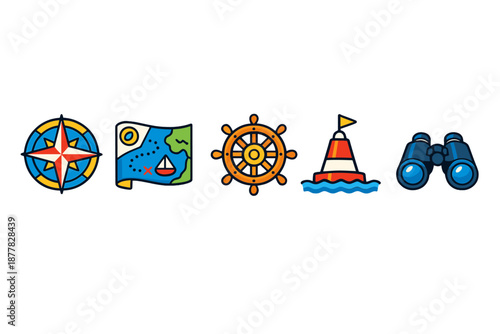 Nautical Icons: Compass, Map, Wheel, Buoy, Binoculars