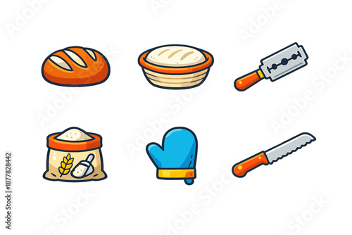 Baking icons: bread, flour, oven mitt, bread lame, knife