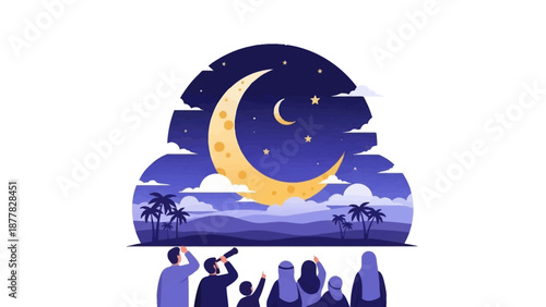 Group of People Stargazing at Night with Crescent Moon