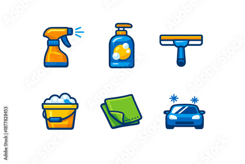 Car Wash Icons Set: Spray Bottle, Soap, Squeegee, Bucket, Cloth, Car