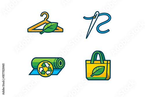 Eco-friendly fashion icons: hanger, needle, fabric roll, tote bag