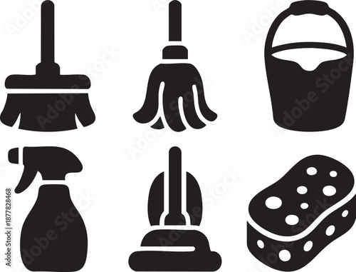 Black cleaning tools including broom mop bucket spray bottle vacuum sponge