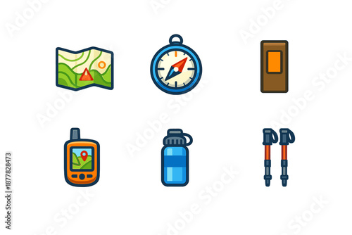 Outdoor Gear Icons: Map, Compass, GPS, Water Bottle, Poles