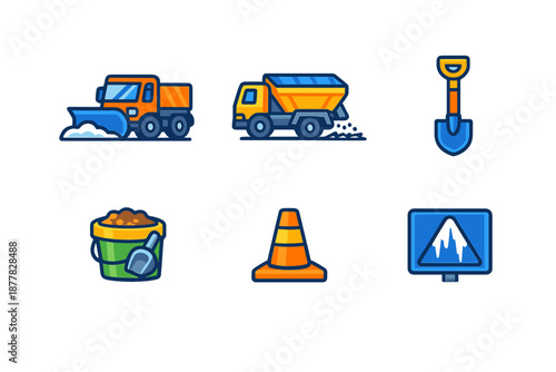 Winter road maintenance icons: snowplow, salt spreader, shovel