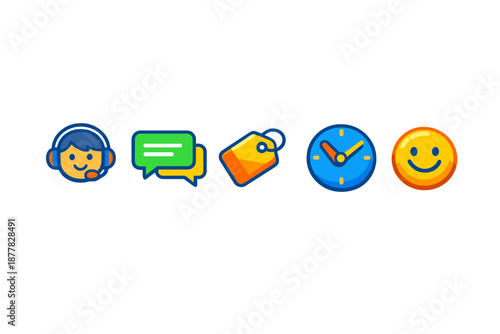 Set of five colorful digital icons on a gradient background