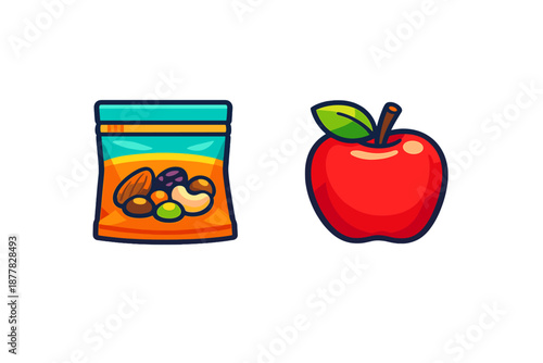 Healthy snacks: bag of nuts and a red apple