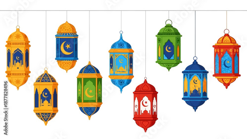 Colorful traditional lanterns hanging in a festive arrangement