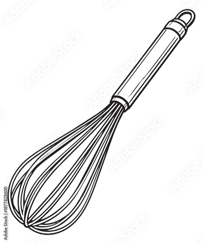 Hand drawn line art illustration of a kitchen whisk depicting a baking tool for culinary design