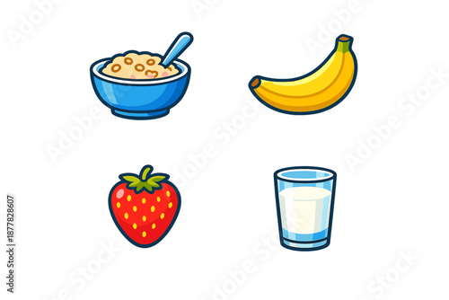 Healthy breakfast icons: cereal, banana, strawberry, and milk