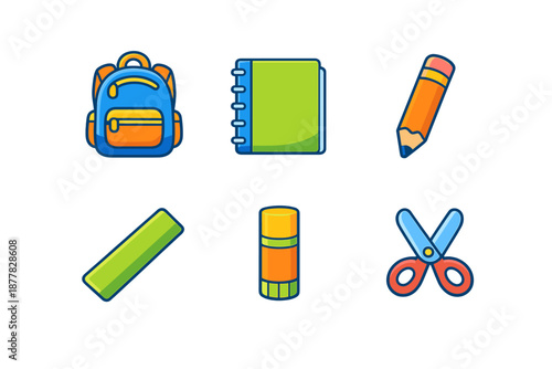 Cute school supplies icons: backpack, notebook, pencil, ruler, glue