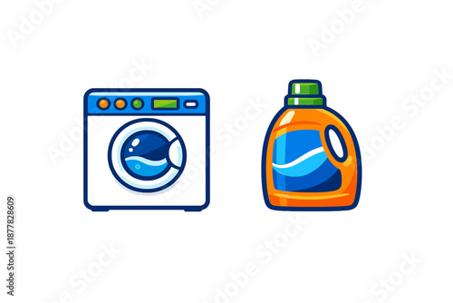 Washing machine and laundry detergent bottle icon on dark background