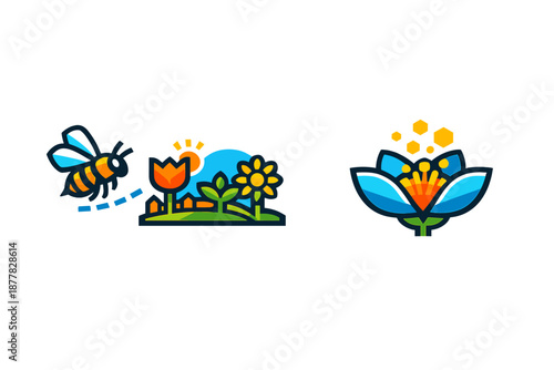 Cute bee and stylized flowers with glowing effect