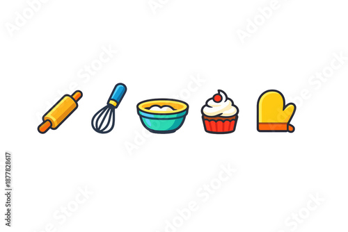 Baking Icons: Rolling Pin, Whisk, Bowl, Cupcake, Oven Mitt