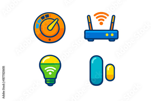 Smart Home Icons: Router, Light Bulb, Sensor, and Gauge
