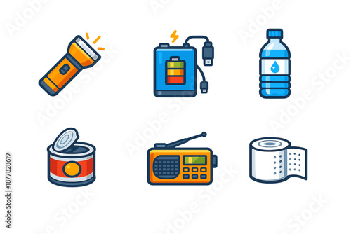 Survival Kit Icons: Flashlight, Power Bank, Water, Canned Food