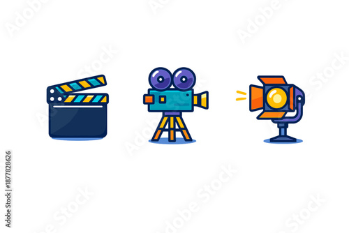 Film icons: clapperboard, camera, and spotlight